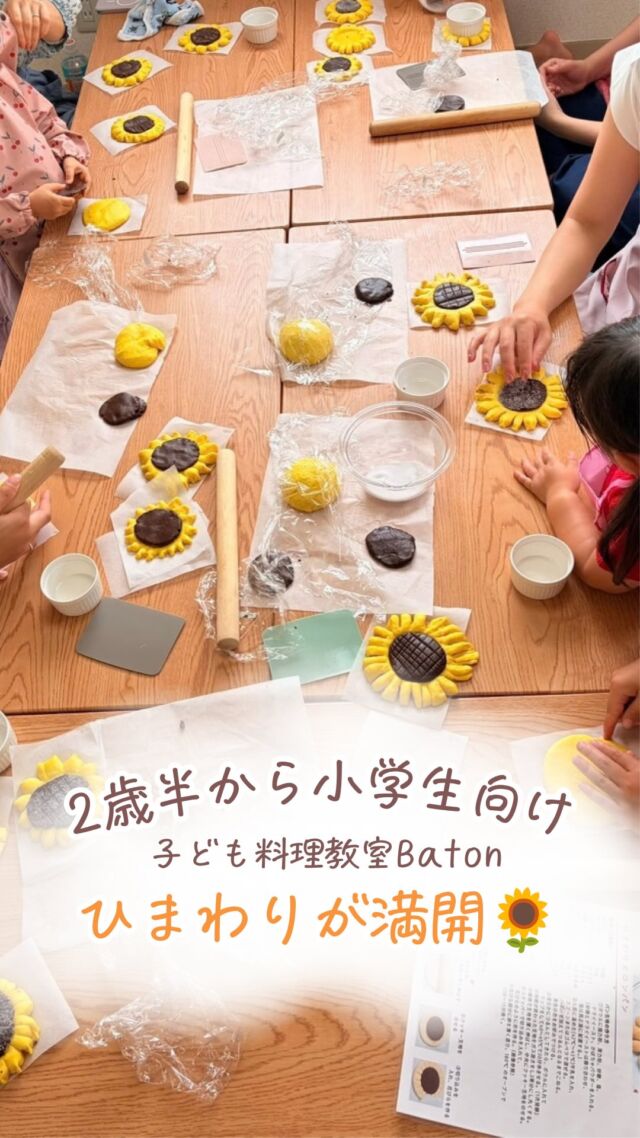 ＼ 8月のBatonは、ひまわりが満開🌻 ／

8月は、合計81人の子どもたちと
ひまわりパンを作りました✨

黄色い生地は、かぼちゃパウダー入り
真ん中にはココアのクッキー生地を使って、
一人ひとりひまわりを作りました🌻

同じ材料、同じ作り方でも、
大きな花びら、小さな花びら、
形も表情もぜんぶ違う

「こうしたい！」を自分で考えて、
自分の手で形にしていく。

そんな時間も、
Batonが大切にしていることのひとつです☺️

焼き上がったひまわりを並べると、
教室いっぱいにひまわりが満開に✨🌻🌻🌻

8月もたくさんのご参加、
ありがとうございました✨

10月は
イベントメニュー！
ハロウィンをお料理で作ります👻🎃
楽しみにしています🌱

•┈┈••✼••┈┈••✼••┈┈••✼••┈┈••✼
あゆ先生【@baton_cooking】
🍳管理栄養士 × 保育士
🍳自由が丘駅徒歩5分
子ども料理教室 Baton
「やってみたい！」の気持ちを大切に、
自分の手でつくる楽しさと、
主体的に挑戦する力を育むお料理教室です。

子どもたちのペースに寄り添いながら、
小さな成功体験が積み重なるレッスンを
お届けしています🌿
••┈┈••✼••┈┈••✼••┈┈••✼••┈┈••✼

#子ども料理教室
#子ども習い事
#自由が丘習い事
#親子料理教室
#ひまわりパン